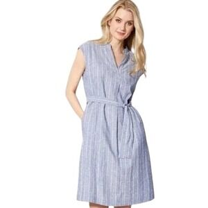 Jones New York Womens Blue White Striped Linen Blend Belted Shift Dress Size 8